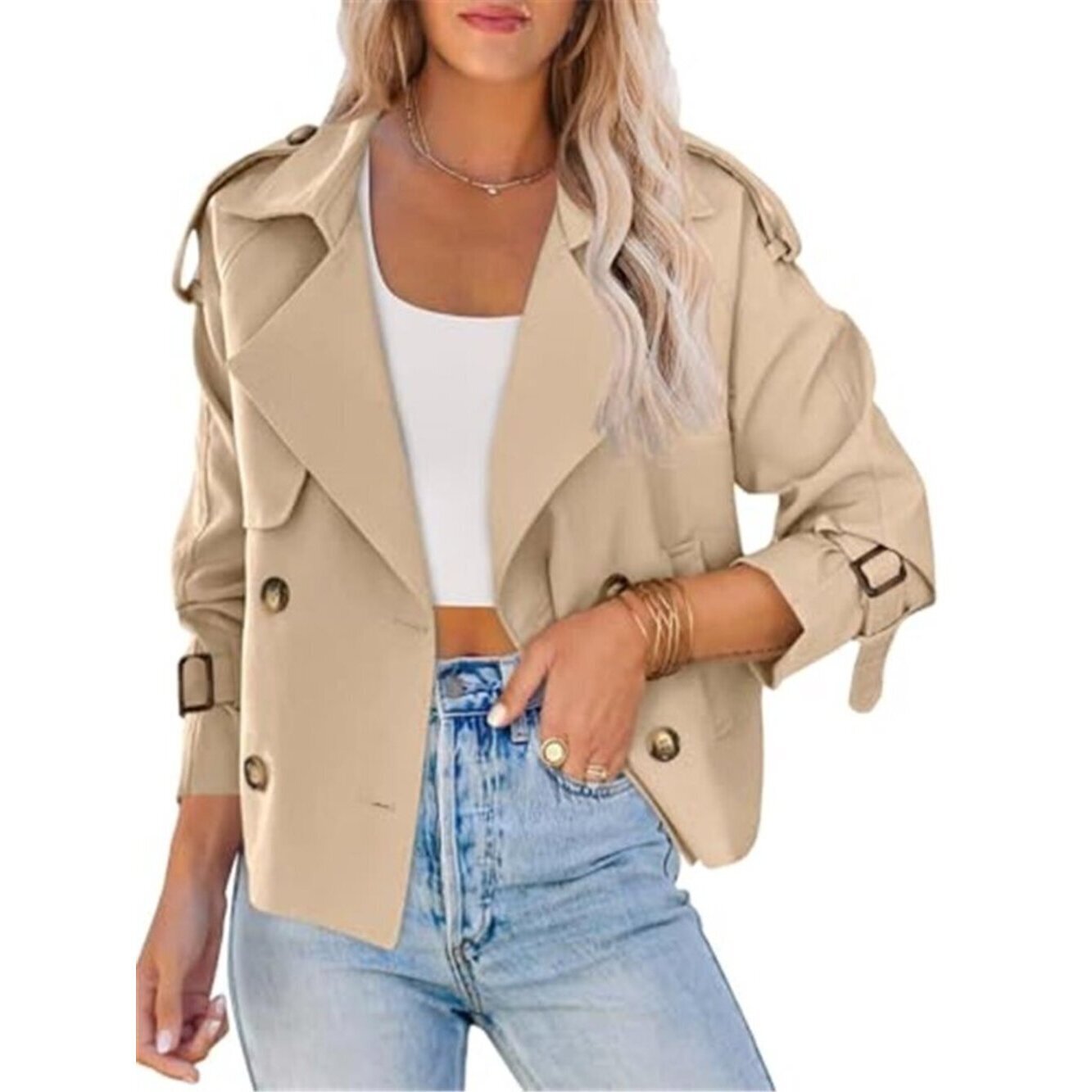 Stylish Crop Trench Coat Beige Double Breasted Raglan